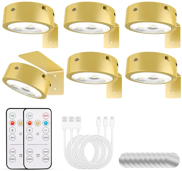 Main image of 6-Pack Picture Lights for Wall, Rechargeable Battery Operated Wireless Magnetic Painting Lights with Remote Dimmable and Timer, Wall Decor Lights with 3 Lighting Modes for Art Display (Gold)