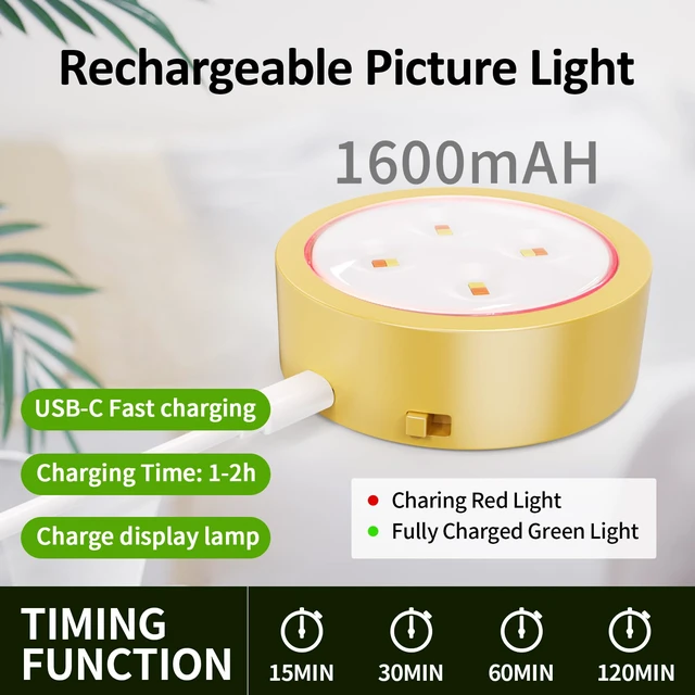 Alt view image 4 of 7 - 6-Pack Picture Lights for Wall, Rechargeable Battery Operated Wireless Magnetic Painting Lights with Remote Dimmable and Timer, Wall Decor Lights with 3 Lighting Modes for Art Display (Gold)