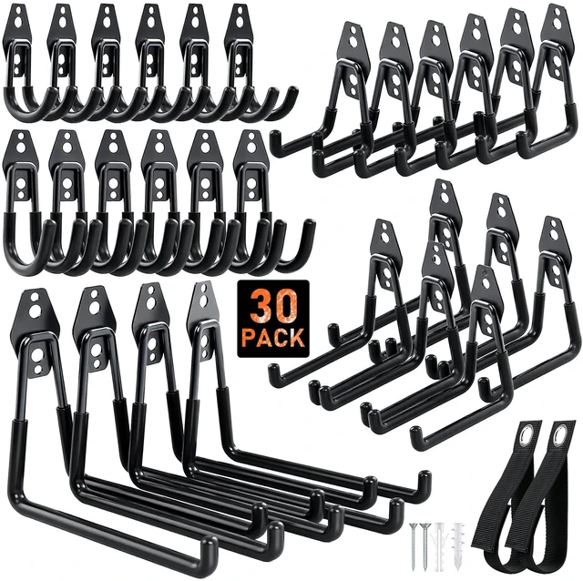 Main image of Steel Garage Hooks - 30Pack Anti-Slip Coating, Black Wall Mount Hooks for Bikes, Garden Tools, Ladders, Hose, Bulk Items Ropes, Garage Tool Organizer with Extension Cord Wrap