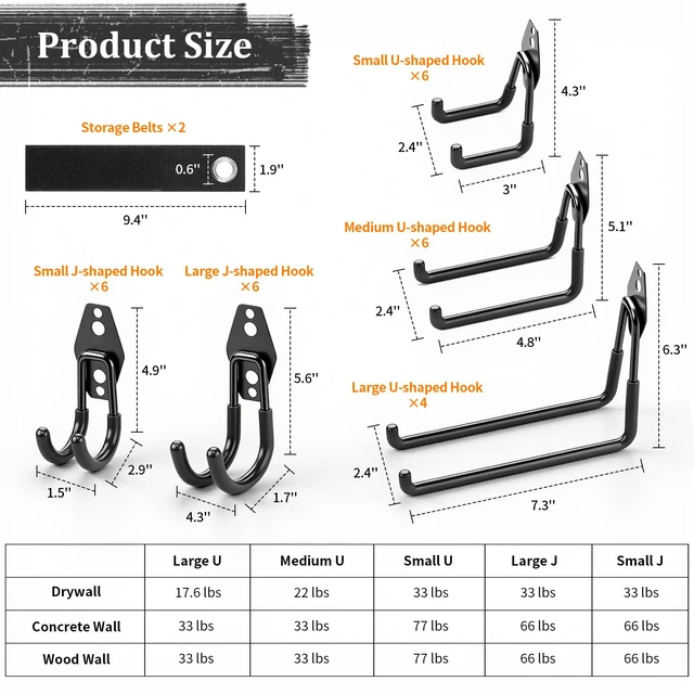 Alt view image 3 of 7 - Steel Garage Hooks - 30Pack Anti-Slip Coating, Black Wall Mount Hooks for Bikes, Garden Tools, Ladders, Hose, Bulk Items Ropes, Garage Tool Organizer with Extension Cord Wrap