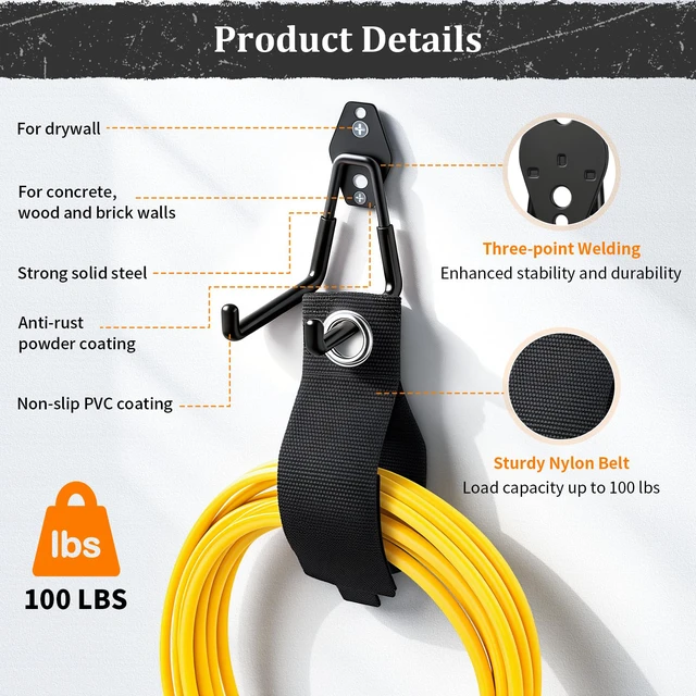 Alt view image 4 of 7 - Steel Garage Hooks - 30Pack Anti-Slip Coating, Black Wall Mount Hooks for Bikes, Garden Tools, Ladders, Hose, Bulk Items Ropes, Garage Tool Organizer with Extension Cord Wrap