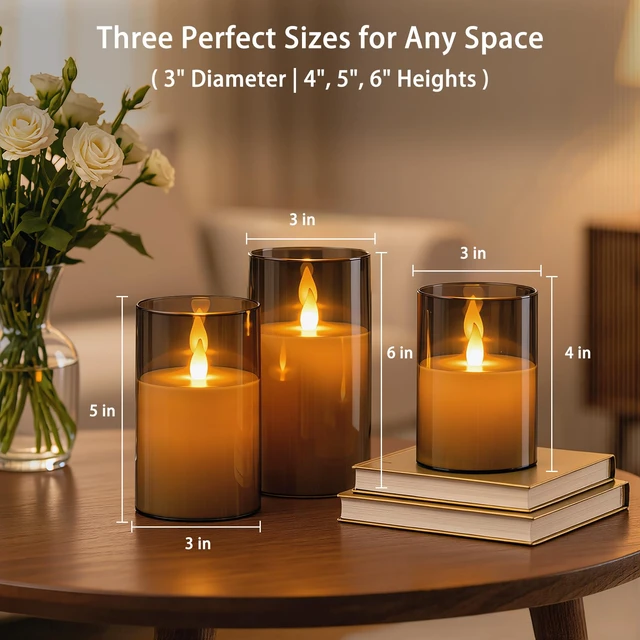 Alt view image 4 of 7 - Flameless Candles with Remote, Set of 6 LED Pillar Candles (3" D x 4" 5" 6" H), Realistic Climbing Flame Battery Powered Candles for Home Wedding Christmas (Smoky Grey Ivory)