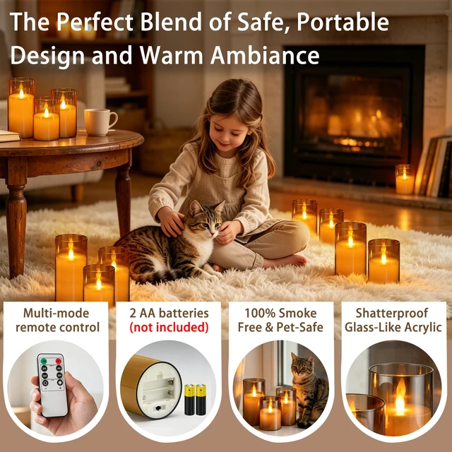 Alt view image 5 of 7 - Flameless Candles with Remote, Set of 6 LED Pillar Candles (3" D x 4" 5" 6" H), Realistic Climbing Flame Battery Powered Candles for Home Wedding Christmas (Smoky Grey Ivory)