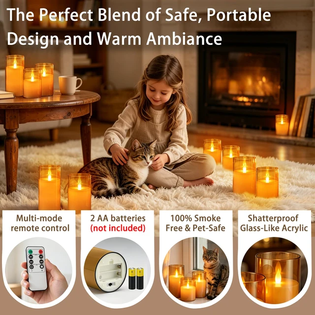 Alt view image 5 of 7 - Flameless Candles with Remote, Set of 6 LED Pillar Candles (3" D x 4" 5" 6" H), Realistic Climbing Flame Battery Powered Candles for Home Wedding Christmas (Amber Ivory)