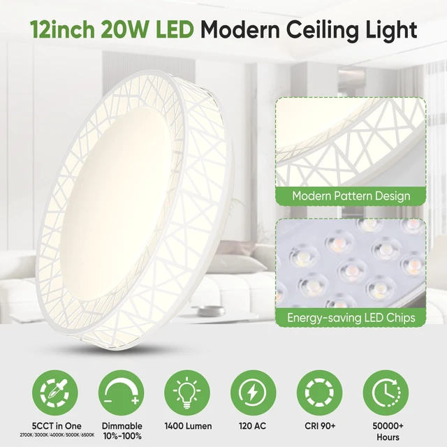 Alt view image 2 of 7 - 12 Inch Bird's Nest Flush Mount Ceiling Light, 20W, 5CCT 2700K-6500K Selectable, Modern LED Ceiling Light Fixture, Dimmable, for Bedroom, Kitchen, Closet, White, ETL Listed