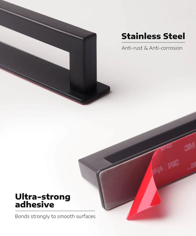 Alt view image 2 of 7 - Adhesive Cabinet Handles, Matte Black, 4-3/4", 4-Pack Stainless Steel Feel, Stick On Handle, No Drill Pulls for Drawer Closet Glass Sliding Shower Door