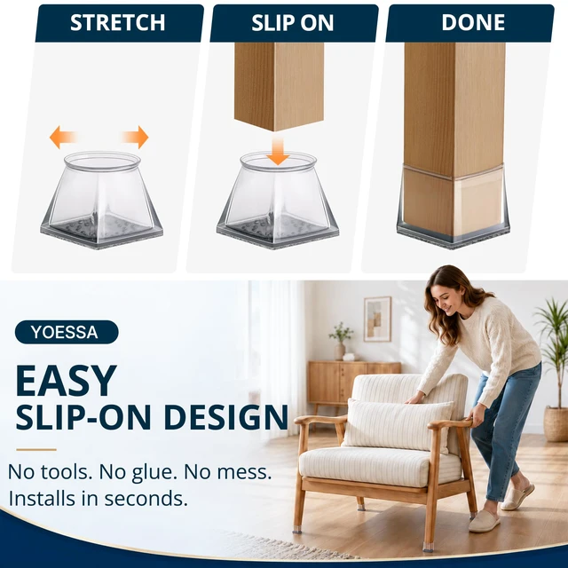 Alt view image 5 of 6 - 32 PCS Square Chair Leg Floor Protectors (XL Fits: 1-1/2" to 1-7/8") Chair Leg Caps with Felt, Protect Hardwood Floors from Scratches, Reduce Noise, Glide Smoothly, and Easy to Install