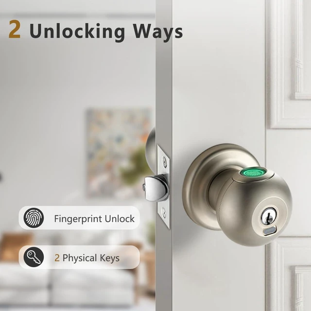 Alt view image 2 of 7 - Biometric Fingerprint Door Lock, Smart Fingerprint Door Knob Keyless Thumbprint Entry Lock for Front Door, 2 Keys, 50 User Fingerprints, Passage Mode, Silent Mode, Bedrooms, Hotels