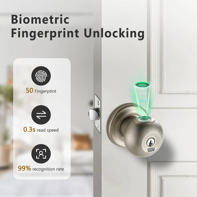 Alt view image 3 of 7 - Biometric Fingerprint Door Lock, Smart Fingerprint Door Knob Keyless Thumbprint Entry Lock for Front Door, 2 Keys, 50 User Fingerprints, Passage Mode, Silent Mode, Bedrooms, Hotels