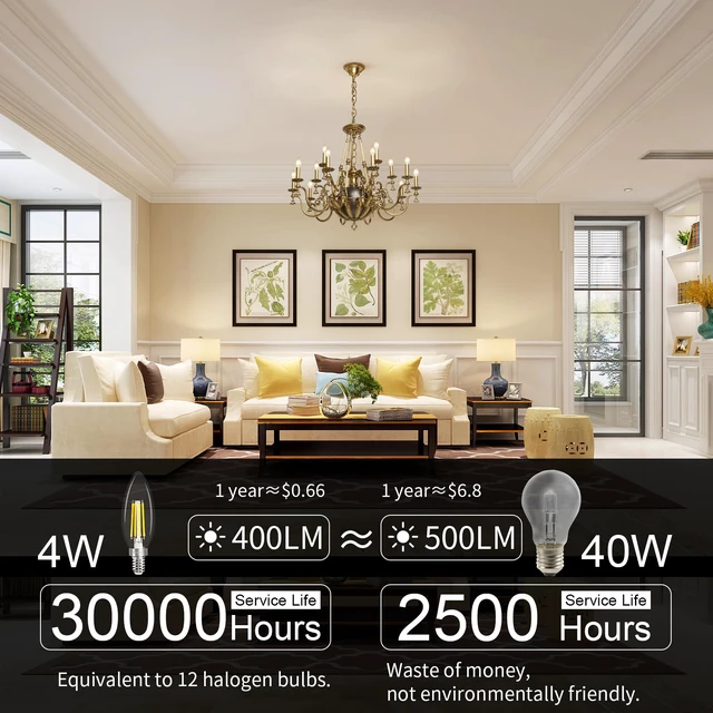 Alt view image 2 of 7 - 10 Pack E12 LED Bulb Dimmable 40W Equivalent, 4000K Natural Daylight LED Candelabra Bulbs, 120V Type B Light Bulbs, B11 Shape Filament Clear Light Bulb, Ceiling Fan Light Bulbs 400 LM CRI 85+