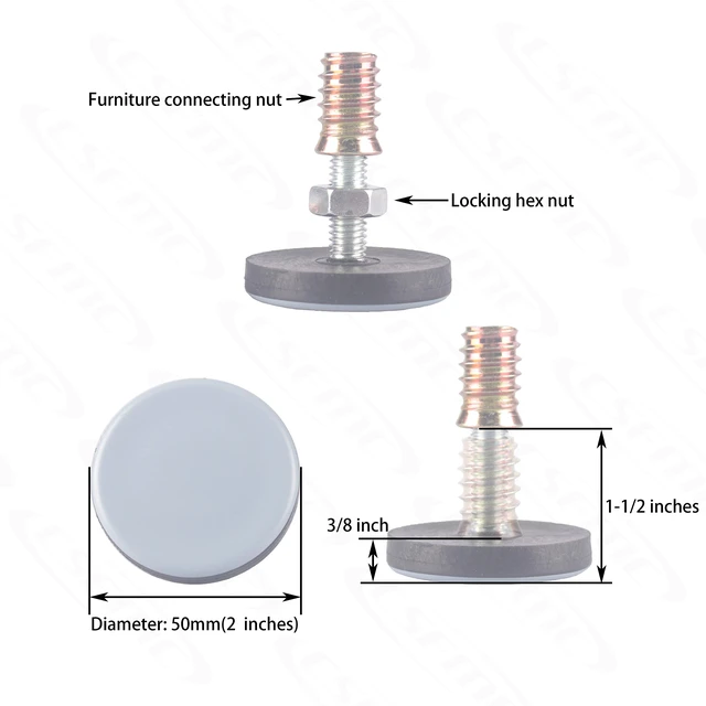 Alt view image 2 of 5 - Furniture Leveler PTFE(Teflon) Bottom(50mm Large Base),Thread Shank(3/8-16) Adjust Pads,Table/Chair/Cabinet/Sofa Medium Adjustable Legs Leveling,Nuts Installation and Floor Protection(8 Pack)