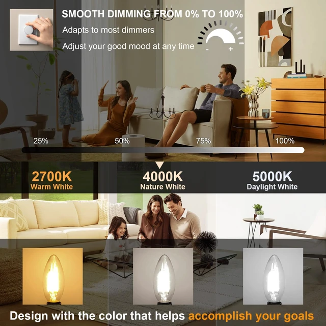 Alt view image 4 of 7 - 10 Pack E12 LED Bulb Dimmable 40W Equivalent, 4000K Natural Daylight LED Candelabra Bulbs, 120V Type B Light Bulbs, B11 Shape Filament Clear Light Bulb, Ceiling Fan Light Bulbs 400 LM CRI 85+