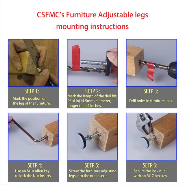 Alt view image 4 of 5 - Furniture Leveler PTFE(Teflon) Bottom(50mm Large Base),Thread Shank(3/8-16) Adjust Pads,Table/Chair/Cabinet/Sofa Medium Adjustable Legs Leveling,Nuts Installation and Floor Protection(8 Pack)