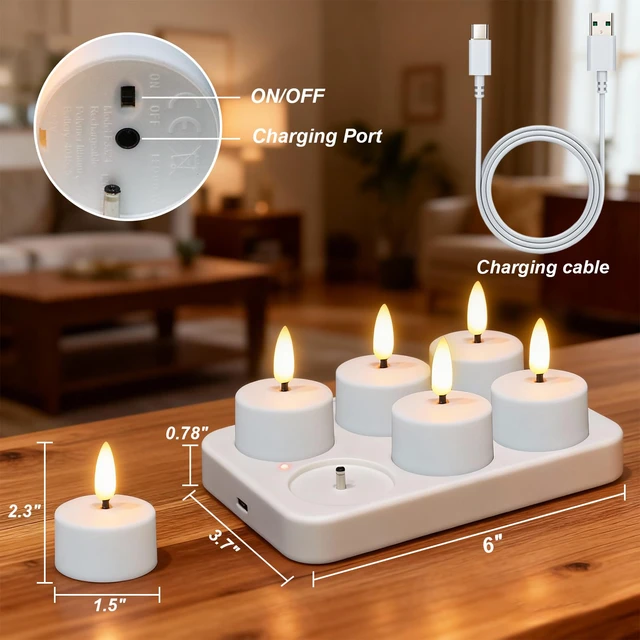 Alt view image 7 of 7 - Rechargeable Tea Lights Candles Remote Timer Charging Base White Flameless LED Tealight Candles Battery Operated,Christmas Wedding Decor,Electric tea lights,Fake candle,6 Pack,1.57 x 1.85 in