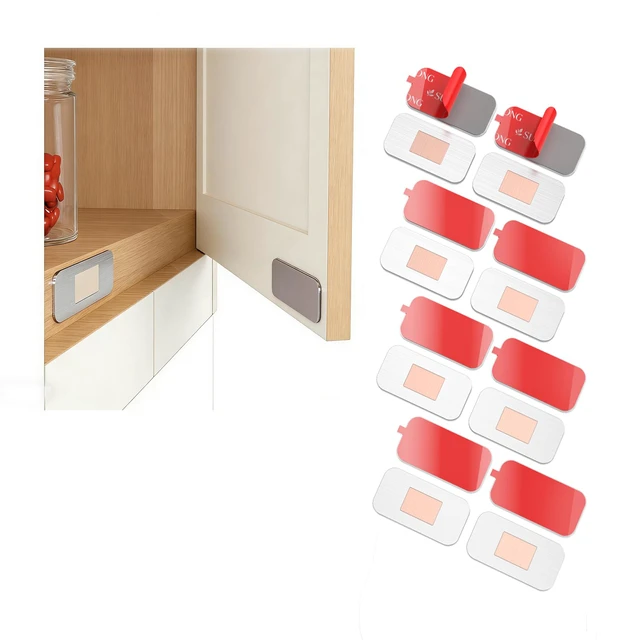 Main image of 8 Pack Magnetic Cabinet Door Catch, Cabinet Magnets for Closure No-drill install, 15 lb hold, embedded magnet, 32 thin and thick adhesive pads, easy-peel tabs, kitchens and closets