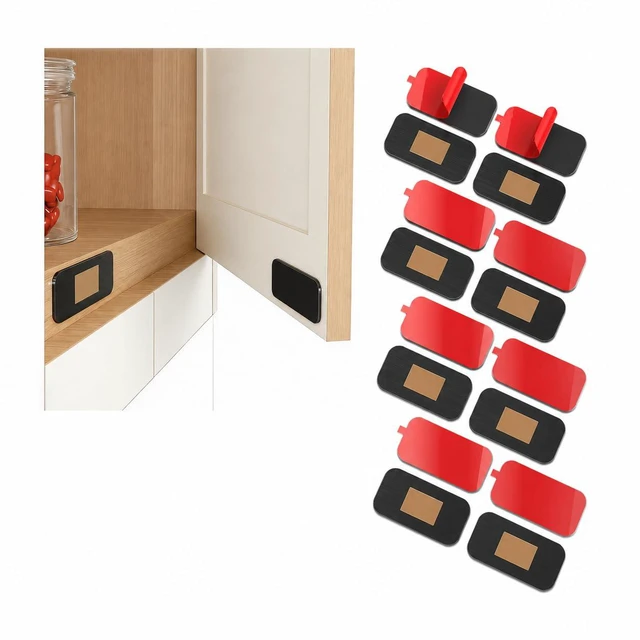 Main image of 8 Pack Cabinet Magnets for Closure, Black, No Drill Ultra-Thin 15 lb hold, embedded magnet, stainless steel, 32 thin and thick adhesive pads, easy-peel tabs, kitchens and closets