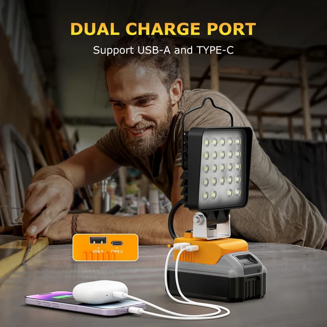 Alt view image 2 of 6 - 4 Pcs LED Work Light for Dewalt 20v Max Battery, 90W 9600LM Battery Light for Dewalt 20v Tools, Portable Outdoors Cordless Flood Lighting with USB & Type-C Charging Port, Low Voltage Protection