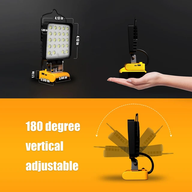 Alt view image 5 of 6 - 4 Pcs LED Work Light for Dewalt 20v Max Battery, 90W 9600LM Battery Light for Dewalt 20v Tools, Portable Outdoors Cordless Flood Lighting with USB & Type-C Charging Port, Low Voltage Protection