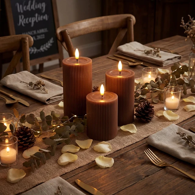 Alt view image 2 of 7 - Fluted Ribbed LED Pillar Candles, Brown, with Realistic Reflective Melted-Wax Effect Flickering Flame, Remote, Dimmable, Flameless, Battery Operated, Home & Wedding Decor (Set of 3)
