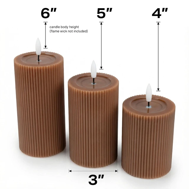 Alt view image 4 of 7 - Fluted Ribbed LED Pillar Candles, Brown, with Realistic Reflective Melted-Wax Effect Flickering Flame, Remote, Dimmable, Flameless, Battery Operated, Home & Wedding Decor (Set of 3)