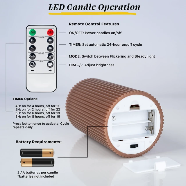 Alt view image 5 of 7 - Fluted Ribbed LED Pillar Candles, Brown, with Realistic Reflective Melted-Wax Effect Flickering Flame, Remote, Dimmable, Flameless, Battery Operated, Home & Wedding Decor (Set of 3)
