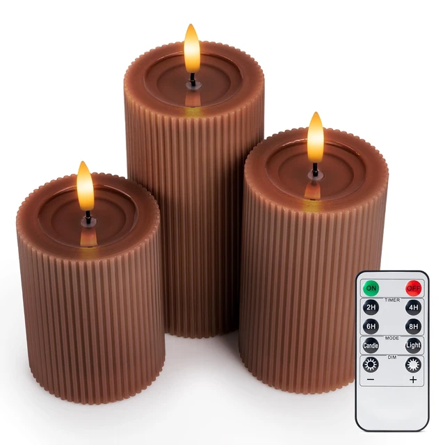 Alt view image 6 of 7 - Fluted Ribbed LED Pillar Candles, Brown, with Realistic Reflective Melted-Wax Effect Flickering Flame, Remote, Dimmable, Flameless, Battery Operated, Home & Wedding Decor (Set of 3)