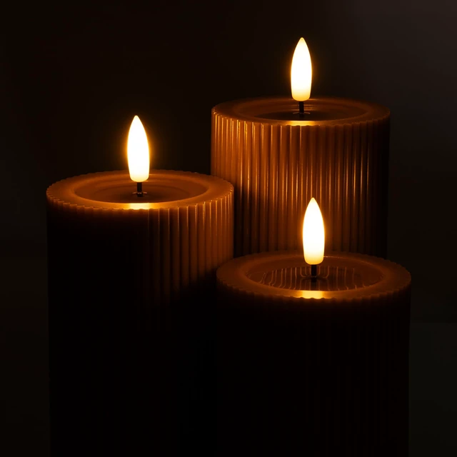 Alt view image 7 of 7 - Fluted Ribbed LED Pillar Candles, Brown, with Realistic Reflective Melted-Wax Effect Flickering Flame, Remote, Dimmable, Flameless, Battery Operated, Home & Wedding Decor (Set of 3)