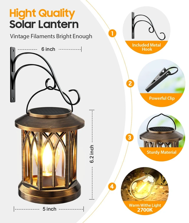 Alt view image 2 of 7 - Solar Lantern Outdoor Lights with Wall Mount Kit, Upgraded Solar Lanterns 2 Pack, Outdoor Waterproof, Hanging Solar Lights for Outside Decorative Yard Patio Path Porch Garden(Antique Copper)