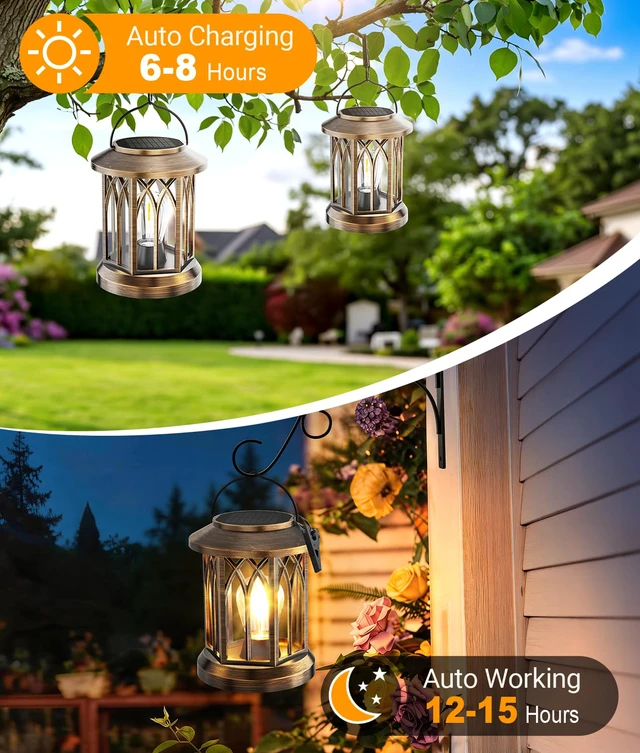 Alt view image 5 of 7 - Solar Lantern Outdoor Lights with Wall Mount Kit, Upgraded Solar Lanterns 2 Pack, Outdoor Waterproof, Hanging Solar Lights for Outside Decorative Yard Patio Path Porch Garden(Antique Copper)