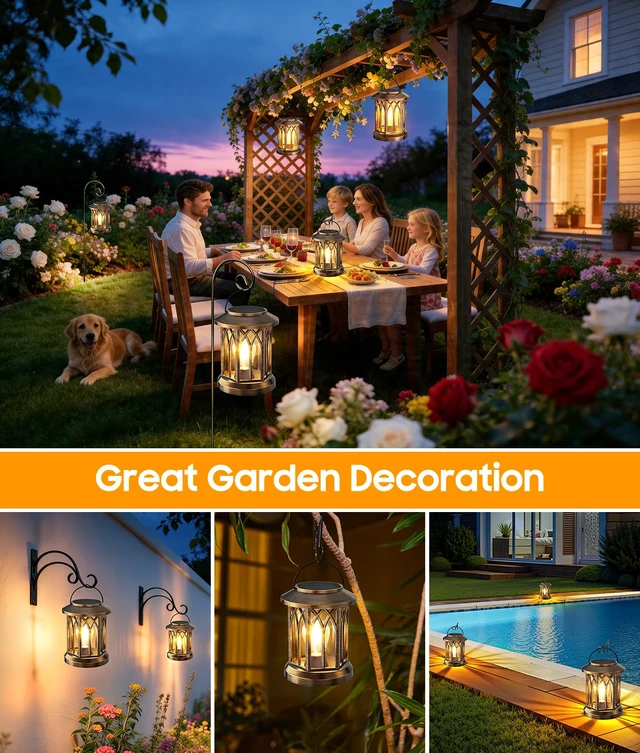 Alt view image 7 of 7 - Solar Lantern Outdoor Lights with Wall Mount Kit, Upgraded Solar Lanterns 2 Pack, Outdoor Waterproof, Hanging Solar Lights for Outside Decorative Yard Patio Path Porch Garden(Antique Copper)