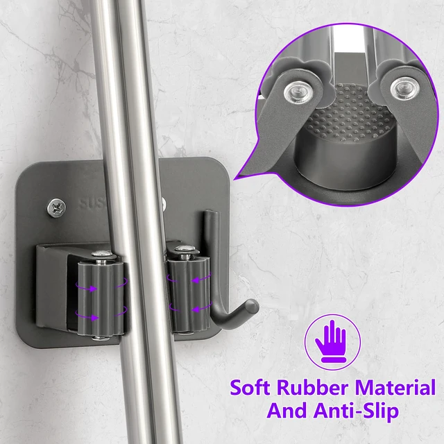 Alt view image 3 of 7 - Broom Holder Wall Mount Rack, 304 Stainless Steel Mop and Tool Organizer Drill-Mounted Gripper Rack Holds Brooms, Mops and Garden Tools Safely in the Laundry Room, Kitchen, Garage, Garden and Shed