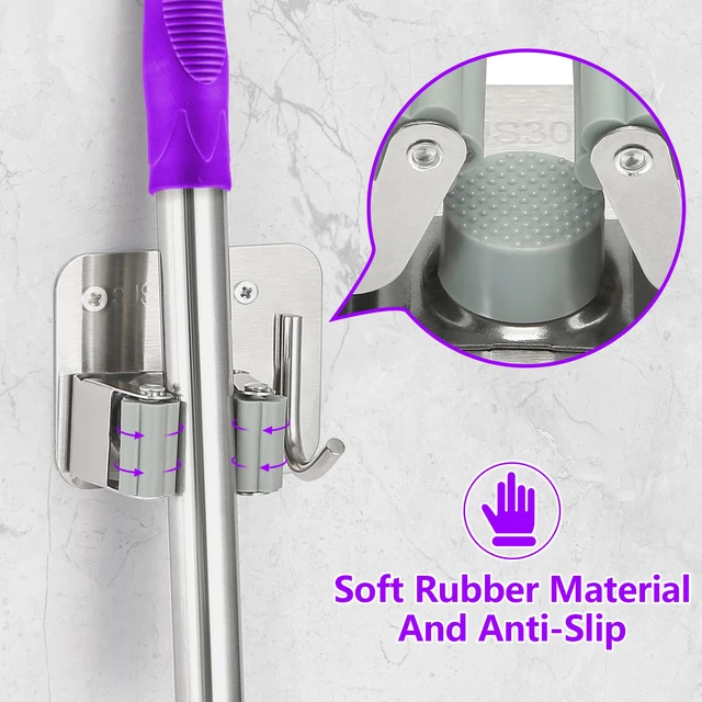 Alt view image 3 of 6 - Broom Holder Wall Mount Screw Drilling, Sturdy Heavy Duty Stainless Steel Mop Gripper Rack Perforated, Perfect for Laundry Room Organizer, Fit with Laundry Kitchen Garage Garden Storage System