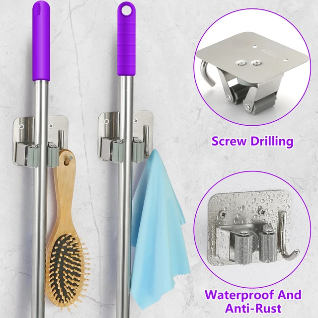 Alt view image 4 of 6 - Broom Holder Wall Mount Screw Drilling, Sturdy Heavy Duty Stainless Steel Mop Gripper Rack Perforated, Perfect for Laundry Room Organizer, Fit with Laundry Kitchen Garage Garden Storage System