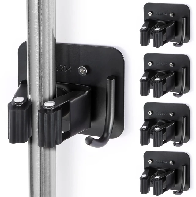 Main image of Stainless Steel Broom Holder, Heavy Duty, Rust Resistant, 4 Gripper Positions with 4 Hooks, Black