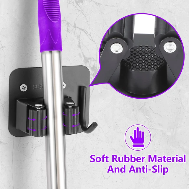 Alt view image 3 of 6 - Stainless Steel Broom Holder, Heavy Duty, Rust Resistant, 4 Gripper Positions with 4 Hooks, Black