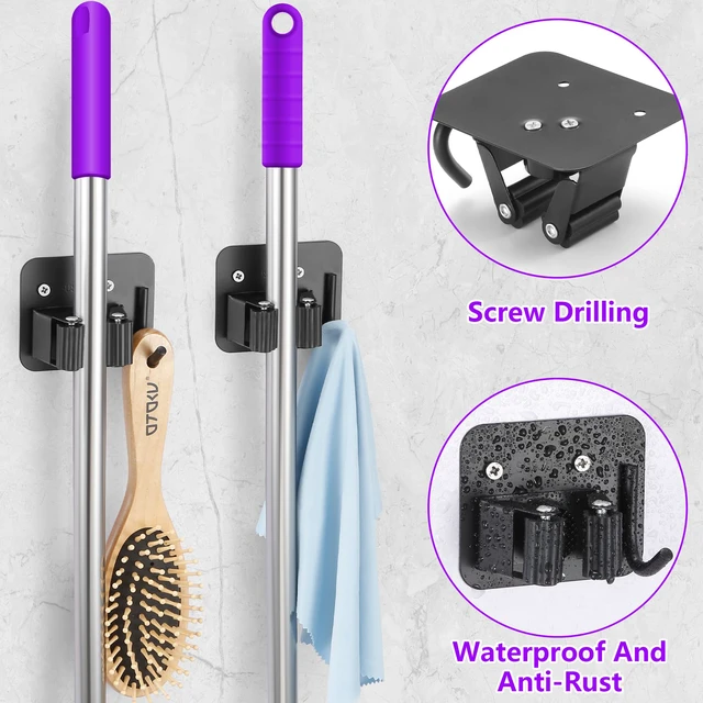 Alt view image 4 of 6 - Stainless Steel Broom Holder, Heavy Duty, Rust Resistant, 4 Gripper Positions with 4 Hooks, Black