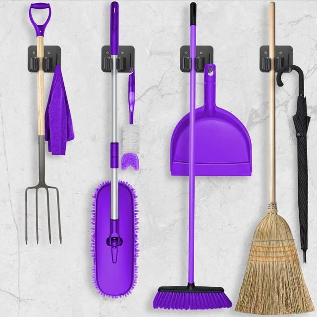Alt view image 5 of 6 - Stainless Steel Broom Holder, Heavy Duty, Rust Resistant, 4 Gripper Positions with 4 Hooks, Black