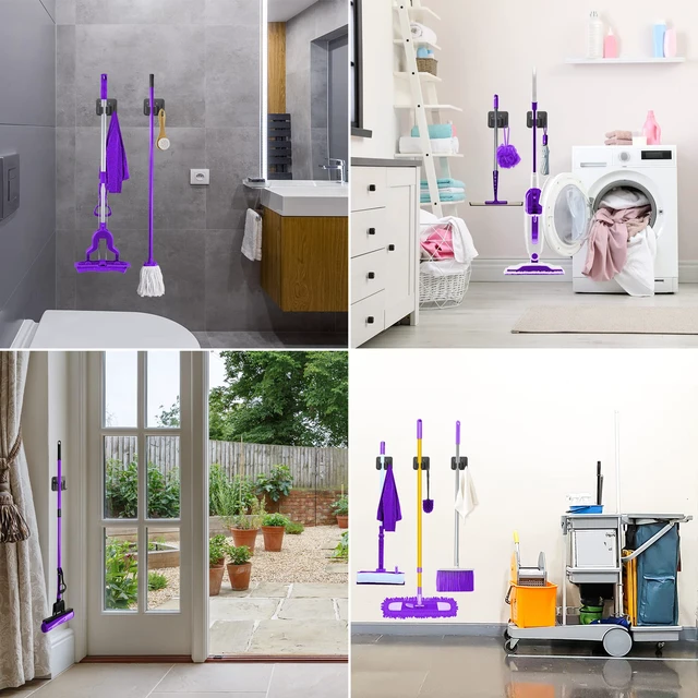 Alt view image 6 of 6 - Stainless Steel Broom Holder, Heavy Duty, Rust Resistant, 4 Gripper Positions with 4 Hooks, Black