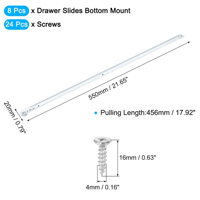 Alt view image 2 of 7 - 2 Pair Drawer Slides, 22 Inch Drawer Slide Heavy Duty Side Bottom Mount Drawer Glides Replacement for Cabinet Dresser Drawers