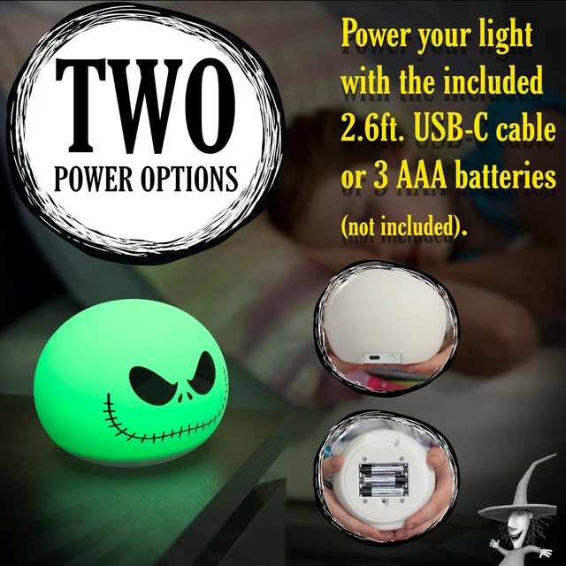 Alt view image 5 of 7 - Squish'ems Jack Skellington Night Light for Kids, Soft Silicone 13 Color Modes and Dimmable Warm White Light for Kids Room, Bedroom, and Playroom, USB Powered with AAA Battery Option