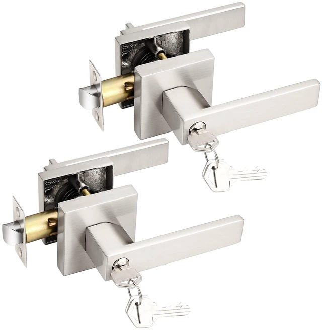 Main image of Entry Door Levers Brushed Nickel with Different Keys, Heavy Duty Hardware for Exterior Front and Back Door,Lockable, Keyed Entrance Lock,Universal Handling,Transitional Style, 2 Pack