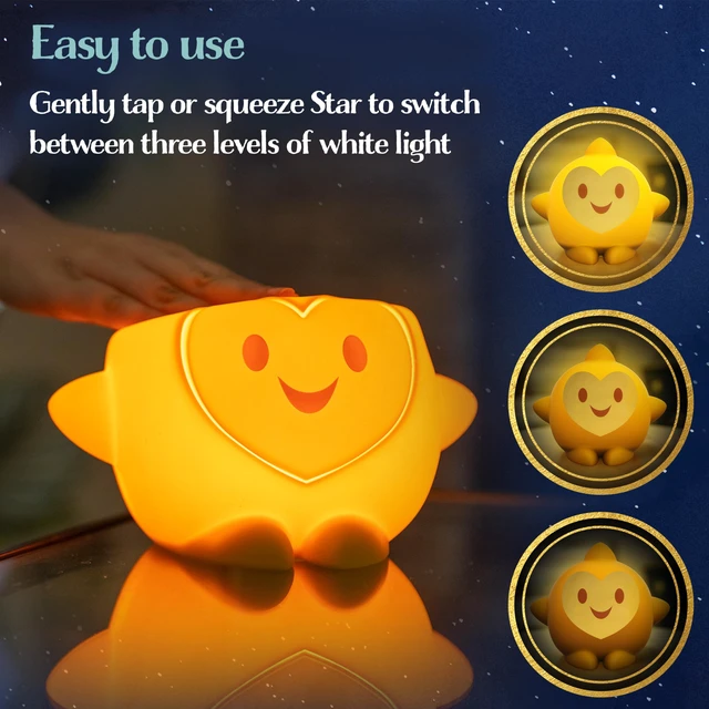 Alt view image 5 of 7 - Squish'ems Star Night Light for Kids, Soft Silicone Dimmable Kids Bedside Lamp, Light for Kids Room, Bedroom, and Playroom, USB Powered with AAA Battery Option