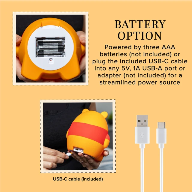 Alt view image 5 of 7 - Squish'ems Winnie the Pooh Night Light for Kids, Soft Silicone Dimmable Kids Bedside Lamp, Light for Nursery, Kids Room, and Bedroom, USB Powered with AAA Battery Option