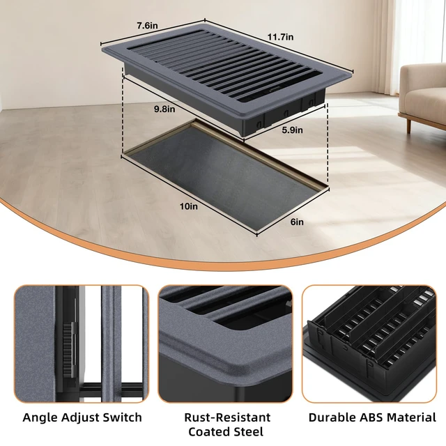 Alt view image 2 of 6 - 6x10 Floor Register, Gray Vent Cover with Adjustable Airflow, 4 Pack Rust-Resistant Steel Floor Vents, Durable & Whisper-Quiet, Tool-Free Drop-In Installation, Great for Living Rooms, Bathrooms
