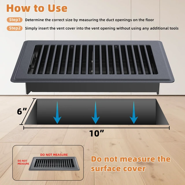 Alt view image 3 of 6 - 6x10 Floor Register, Gray Vent Cover with Adjustable Airflow, 4 Pack Rust-Resistant Steel Floor Vents, Durable & Whisper-Quiet, Tool-Free Drop-In Installation, Great for Living Rooms, Bathrooms