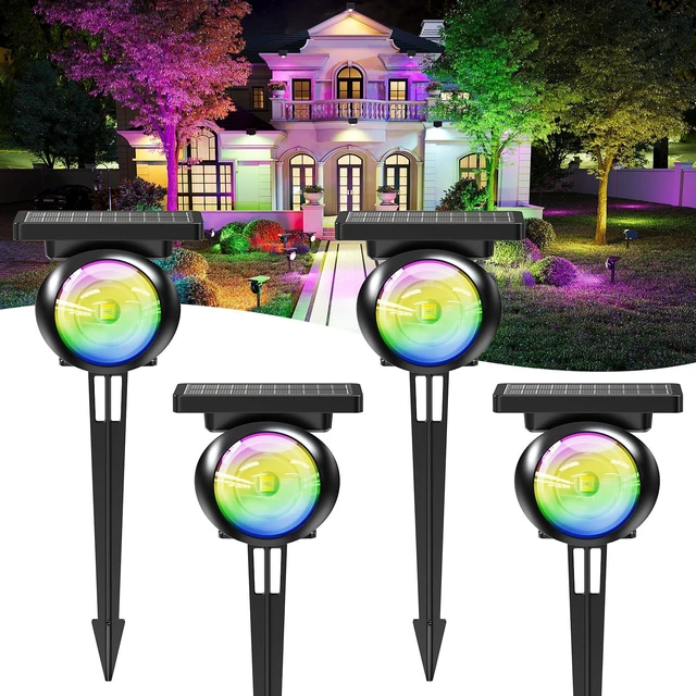 Main image of Focusing Solar Spot Lights Outdoor Waterproof, RGB+3CCT Tree Uplights 4Pack Multicolor Focused Lens Spotlight, Dusk-to-dawn Light, Stake or Wall Mounting for Yard Landscape Garden Path Halloween Decor