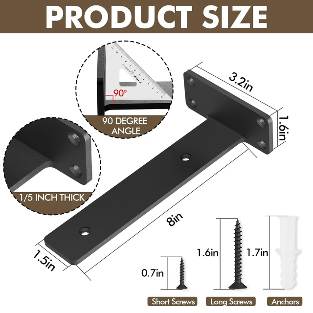 Alt view image 3 of 6 - 4 Pack Heavy Duty Metal Shelf Brackets 8 inch Long,Black L-Shaped Wall Shelf Bracket Hidden & Decorative Shelf Bracket,1/5-Thick,150 lbs of weight capacity