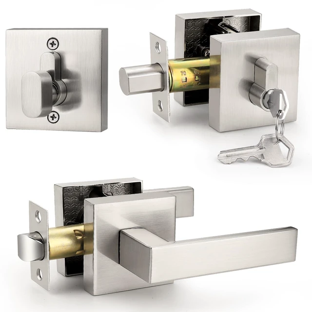 Main image of Brushed Nickel Passage Door Lever with Single Cylinder Deadbolts Combo Pack, Modern Square Lock Set Handleset,Exterior Handle and Set,Same Keys, 1 Pack