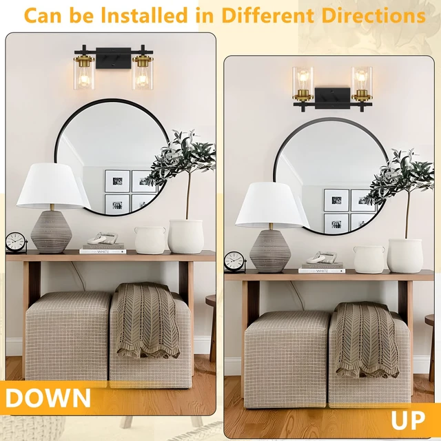 Alt view image 3 of 7 - 2-Lights Black and Gold Bathroom Light Over Mirror with Square Glass Shade and Metal Base, Gold Wall Vanity Lights for Bedroom, Stairs, Living Room, Hallway