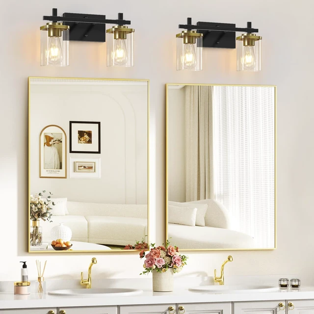 Alt view image 6 of 7 - 2-Lights Black and Gold Bathroom Light Over Mirror with Square Glass Shade and Metal Base, Gold Wall Vanity Lights for Bedroom, Stairs, Living Room, Hallway